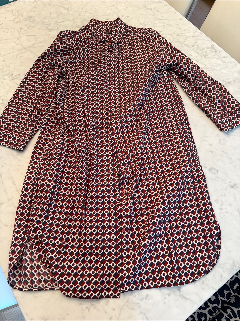 MaxMara Burgundy and Navy Geometric Long-Sleeve Shirt Dress